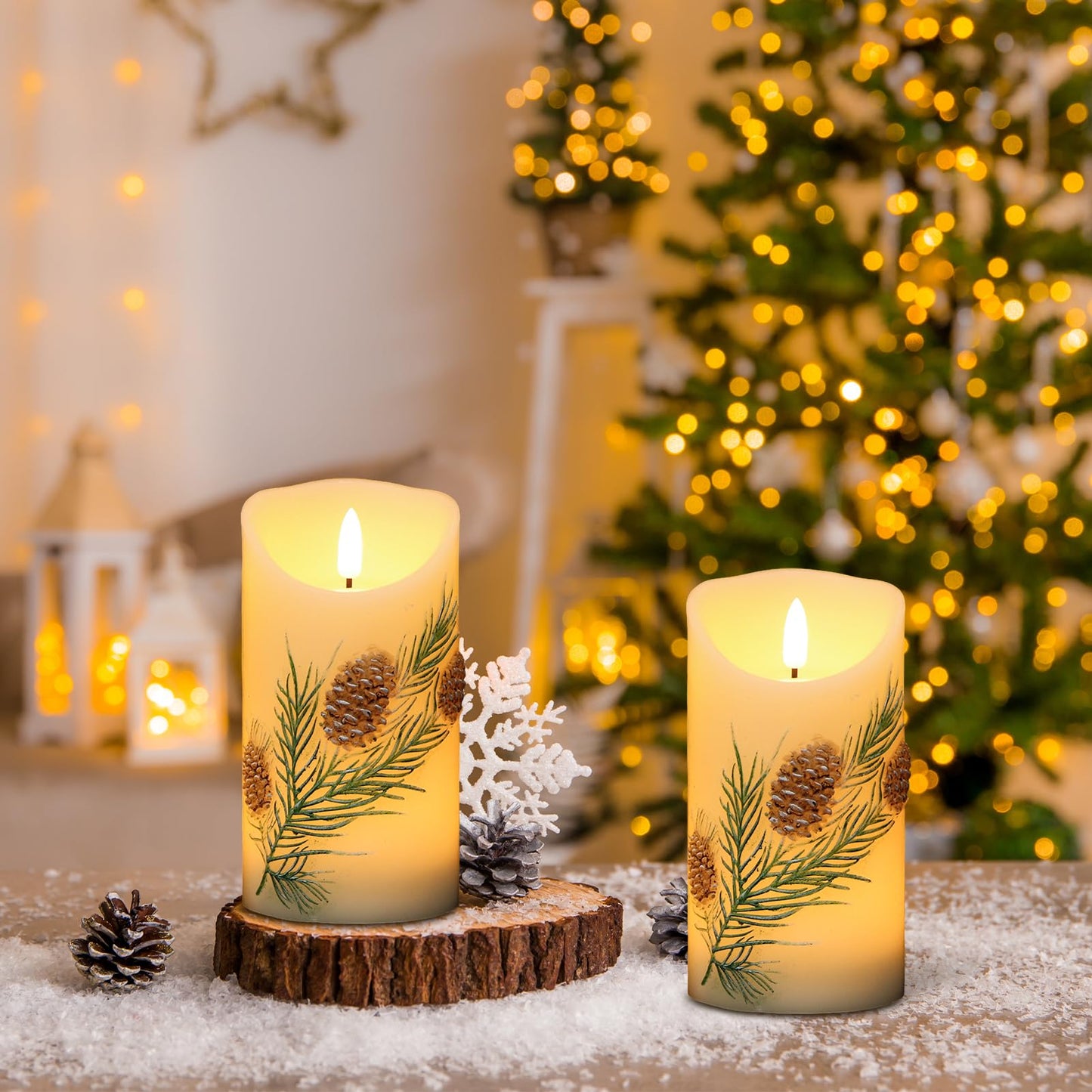 DRomance Pinecone Flameless Flickering Candles Battery Operated with 6H Timer 3D Wick LED Pillar Candles Real Wax Hand-Painted Dinner Holiday Christmas Indoor Decoration(2 Pack, 3" D x 5.7" H)