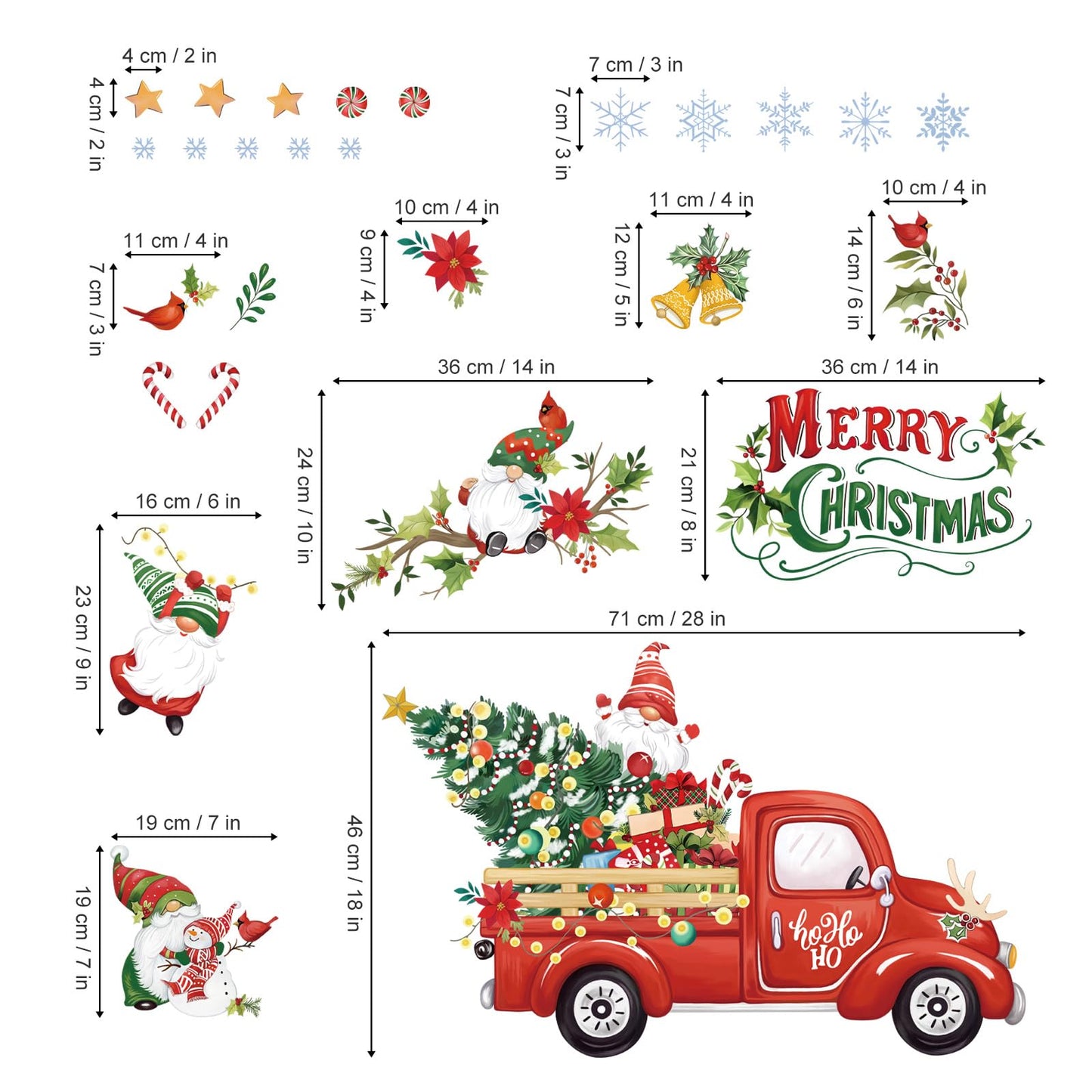 Wondever Red Truck Wall Stickers - Gnomes, Christmas Tree, Window Art Decals for Party, Xmas Home