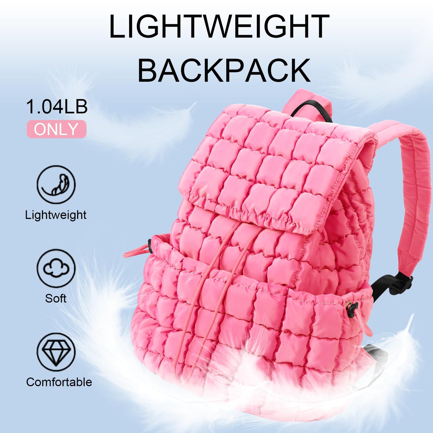 XSUIOY Quilted Backpack Purse for Women Small Lightweight Puffer Puffy College Laptop Backpack Nylon Casual Bookbag Daypack Top Flap Drawstring Padding Hiker Travel Gym Backpack(Pink)