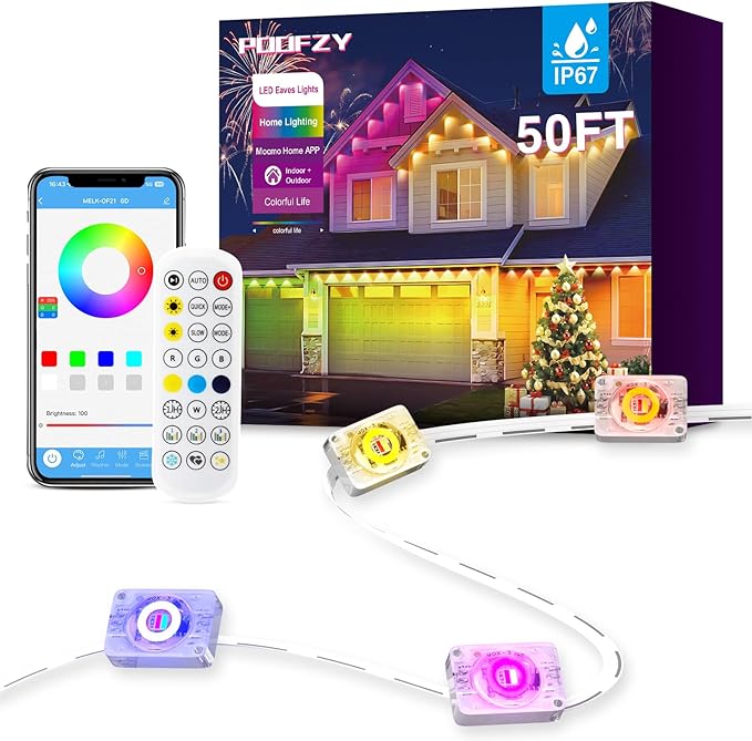 POOFZY Permanent Outdoor Lights for House,50ft RGB+IC Smart Outdoor Decor, 50 Scene Modes,App/Remote Control,IP67 Waterproof,for Christmas,Halloween,Daily & Holiday Party Decor,House Roof Lighting