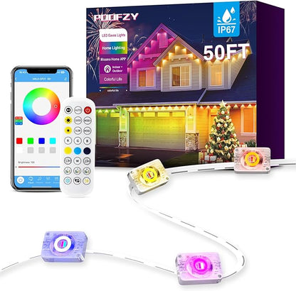 POOFZY Permanent Outdoor Lights for House,50ft RGB+IC Smart Outdoor Decor, 50 Scene Modes,App/Remote Control,IP67 Waterproof,for Christmas,Halloween,Daily & Holiday Party Decor,House Roof Lighting