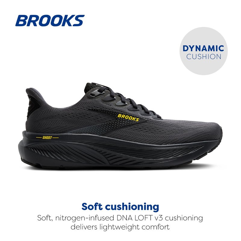 Brooks Men’s Ghost 17 Neutral Running Shoe - Ebony/Black/Yellow - 7 Medium