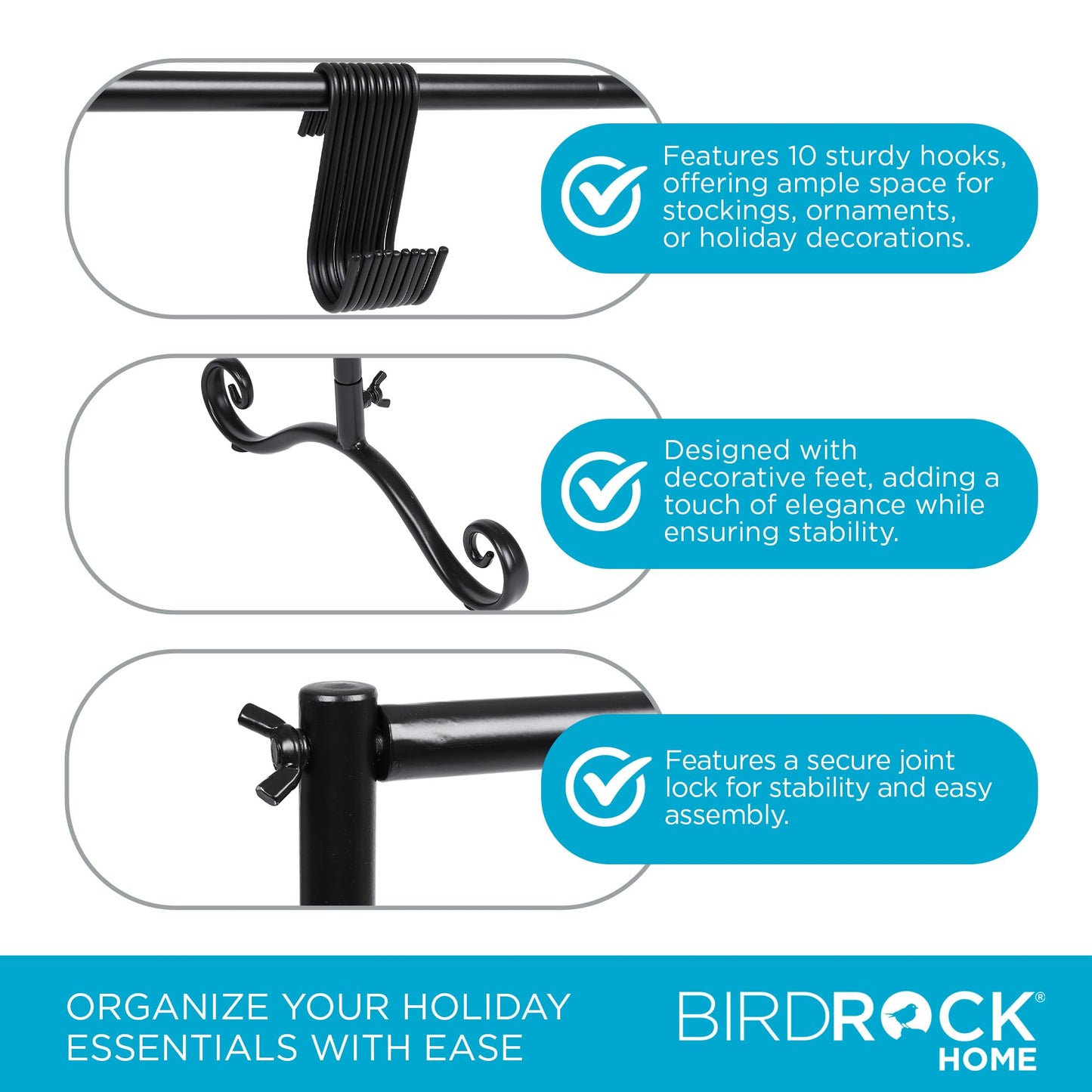 BIRDROCK Home 10-Hook Christmas Stocking Holder Stand | Lightweight Iron Metal Freestanding Rack for Holiday Decor | Versatile Stocking & Ornament Hanger Display for Home, Floor & Living Room - Black