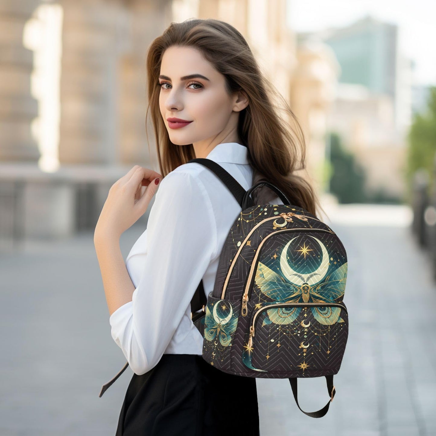 ALAZA Green Butterfly Moon Small Backpack Purse for Women Travel Bag Lightweight Shoulder Bag Fashion Daypack