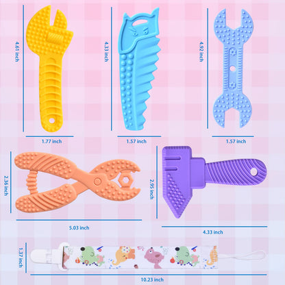 Mgtfbg Baby Teething Toys for 0-6 / 6-12 Months - Molar Teether Chew Toys Set BPA Free Silicone, Soft Textures - Hammer Wrench Scissors Shape Gift 5-Pack