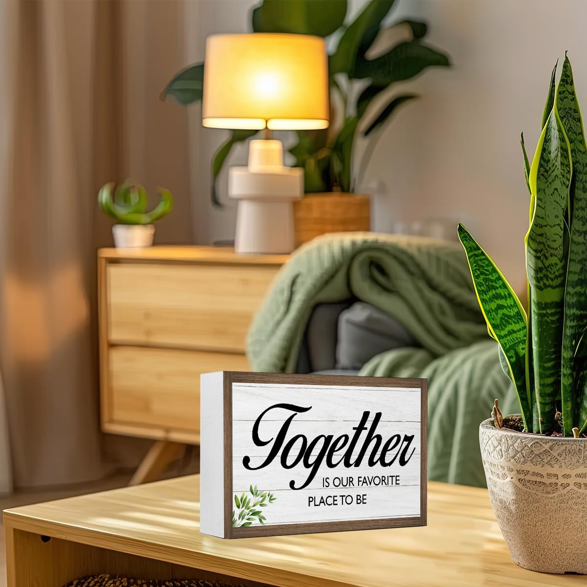 Together is Our Favorite Place Wooden Box Sign Desk Decor,Family Quotes Wooden Block Plaque Sign for Home Farmhouse Living Room Bedroom Shelf Table Wall Decor