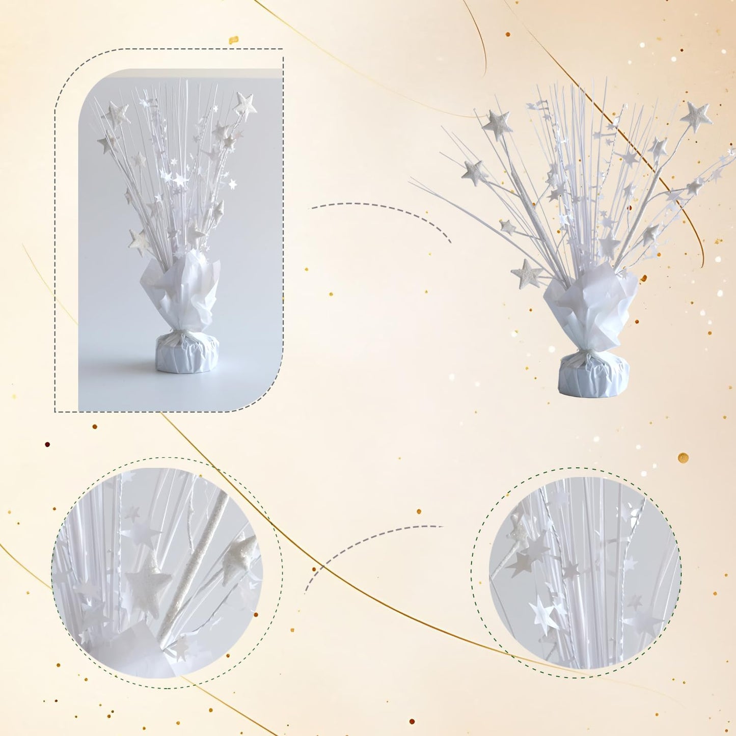 Egolot 12 Pack White Foil Spray Centerpieces Stars Brust Table Centerpieces for Wedding Birthday Anniversary Holiday Party Decor, White Star Balloon Wights for Party, Table Decor for Party