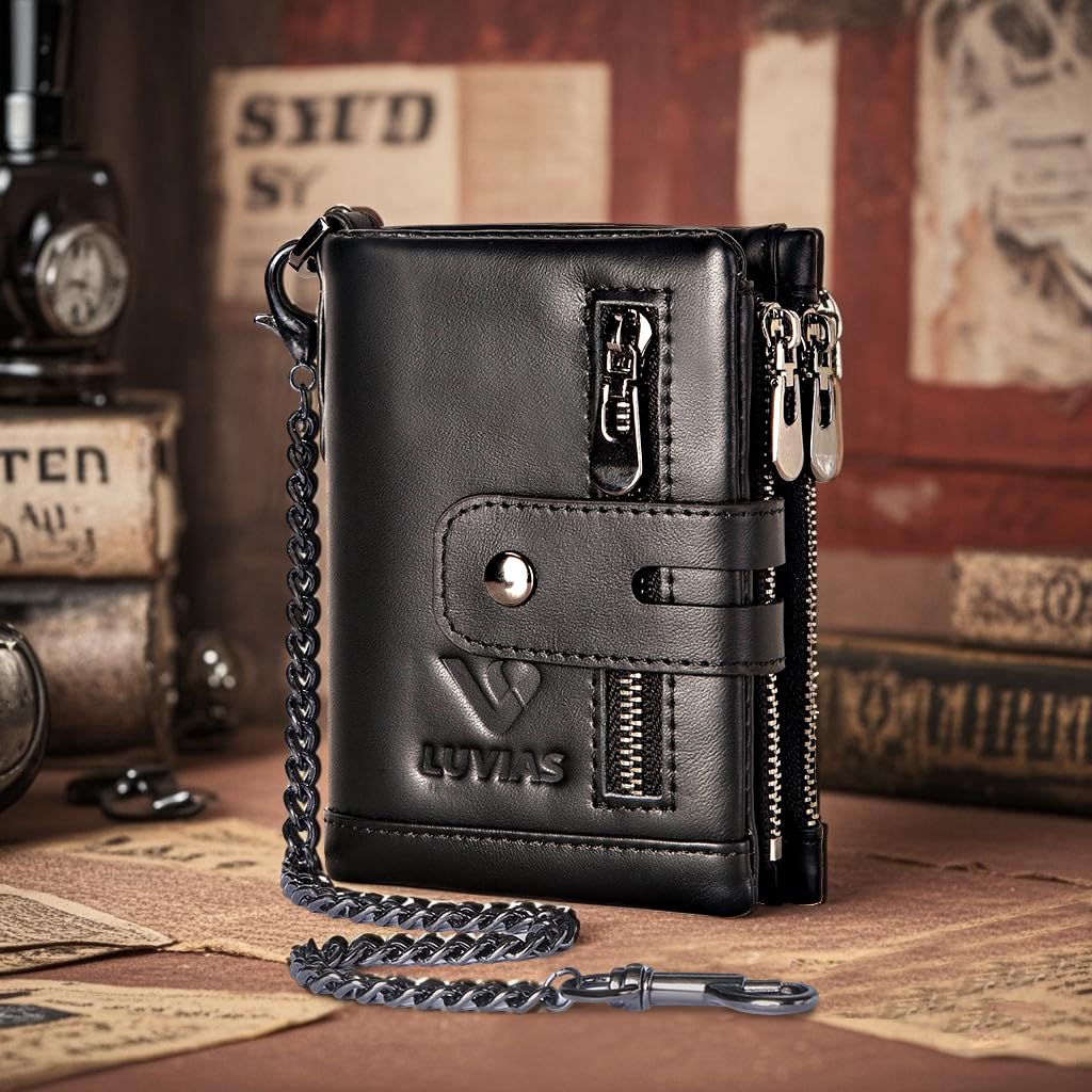 V LUVIAS Anti-Theft Mens Wallet with Chain Genuine Leather ID Window Purse with RFID Blocking Bifold Double Zipper Coin Pocket with Gift Box