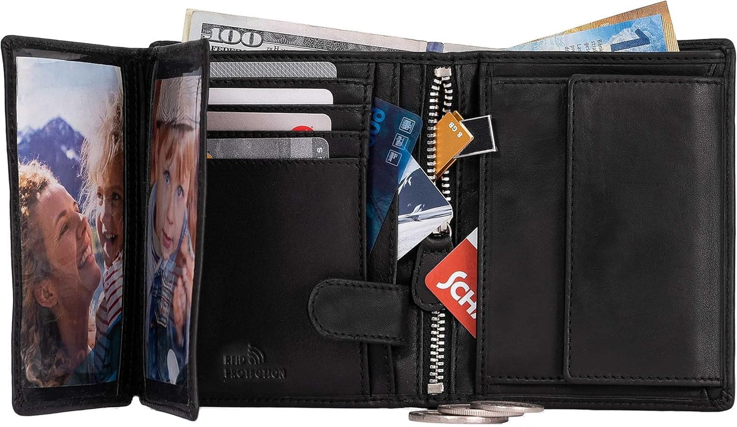 DiLoro Mens Wallet RFID Blocking Genuine Full Grain Leather Bifold Wallet with Flip ID Coin and Secure Zip Compartment Extra Large (Black Nappa)