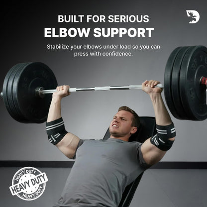 DMoose Fitness Elbow Wraps for Weightlifting (Pair) - 40'' Adjustable Elbow Strap for Gym Workout & Bench Press, Compression Elbow Wraps for Tendonitis & Joint Support, Elbow Sleeve (White Stripes)
