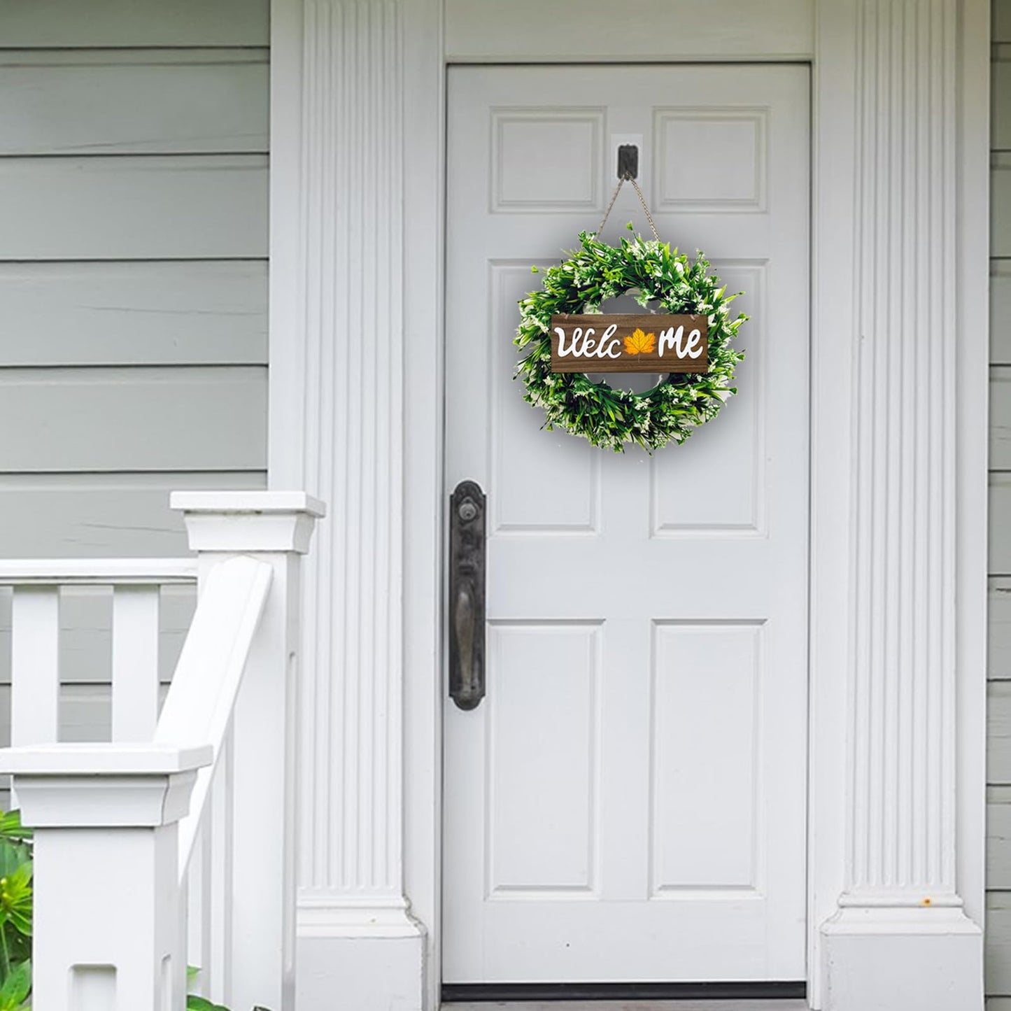 Green Eucalyptus Wreath with Welcome Sign, 16" Easter Spring Artificial Wreath Hanging Decor for Front Door Porch Window Housewarming Gift