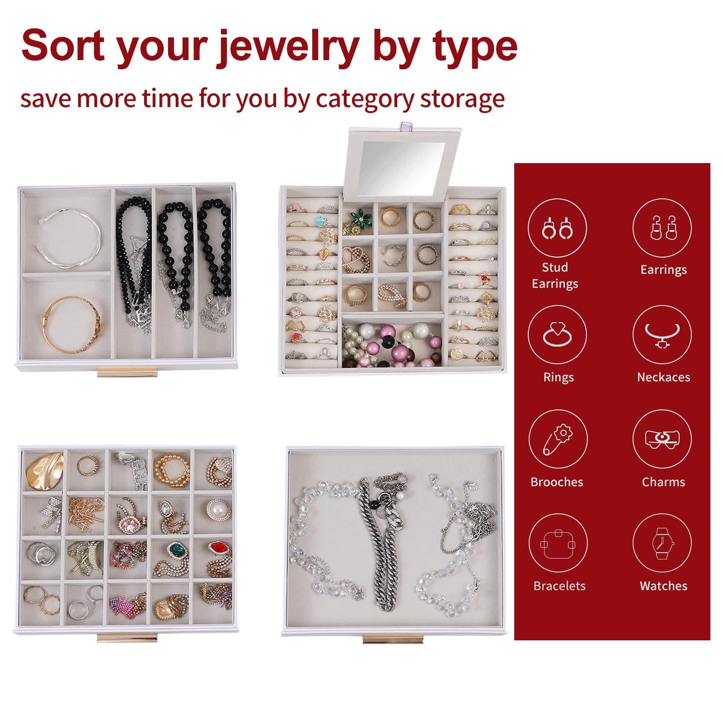 BOOVO Clear Lid Jewelry Box,3 Layers Jewelry Organizer Large Jewelry Storage Box with 2 Drawers,Jewelry Holder Organzier of Rings Earrings Necklace Bracelets for Women (White, 4 Layer)