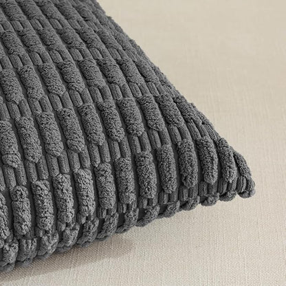 Fancy Homi Dark Grey Lumbar Decorative Throw Pillow Covers 14x24 Inch for Living Room Couch Bed Sofa, Rustic Farmhouse Boho Home Decor, Soft Striped Corduroy Rectangle Cushion Case 35x60 cm