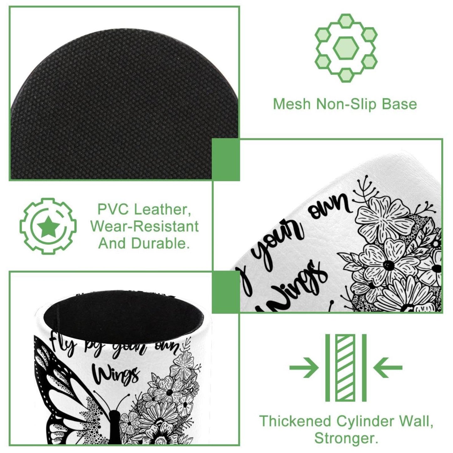 LWSHUNYI Black and White Butterfly Flowers Pen Holder, PVC Leather Pencil Holder for Desk, Pencil Cup Pot Desk Organizer and Accessories Makeup Brush Holder for Office, School, Home, Art Supply