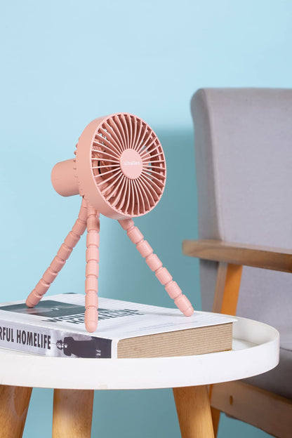 Schallen Rechargeable 4 Way Portable Lightweight Fan for Pram Fan, Car Seat, Desk, Office, Travel Fans | Clip on, Handheld, Tripod & Phone Holder (Pink)