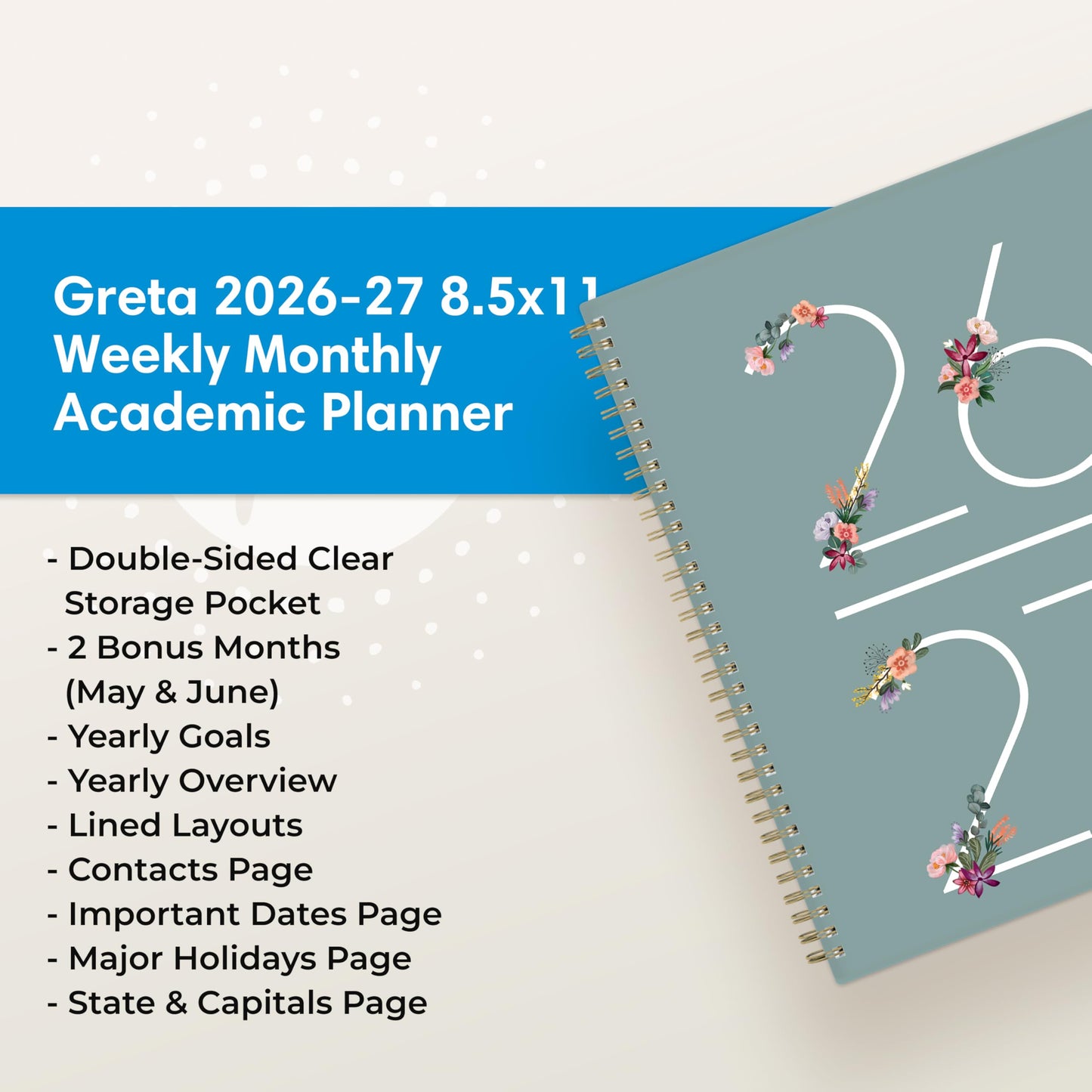 Blue Sky 2026-2027 Weekly and Monthly Academic Year Planner Calendar, July 2026 - June 2027, 8.5" x 11", Flexible Cover, Wirebound, Storage Pocket, Laminated Tabs, Greta