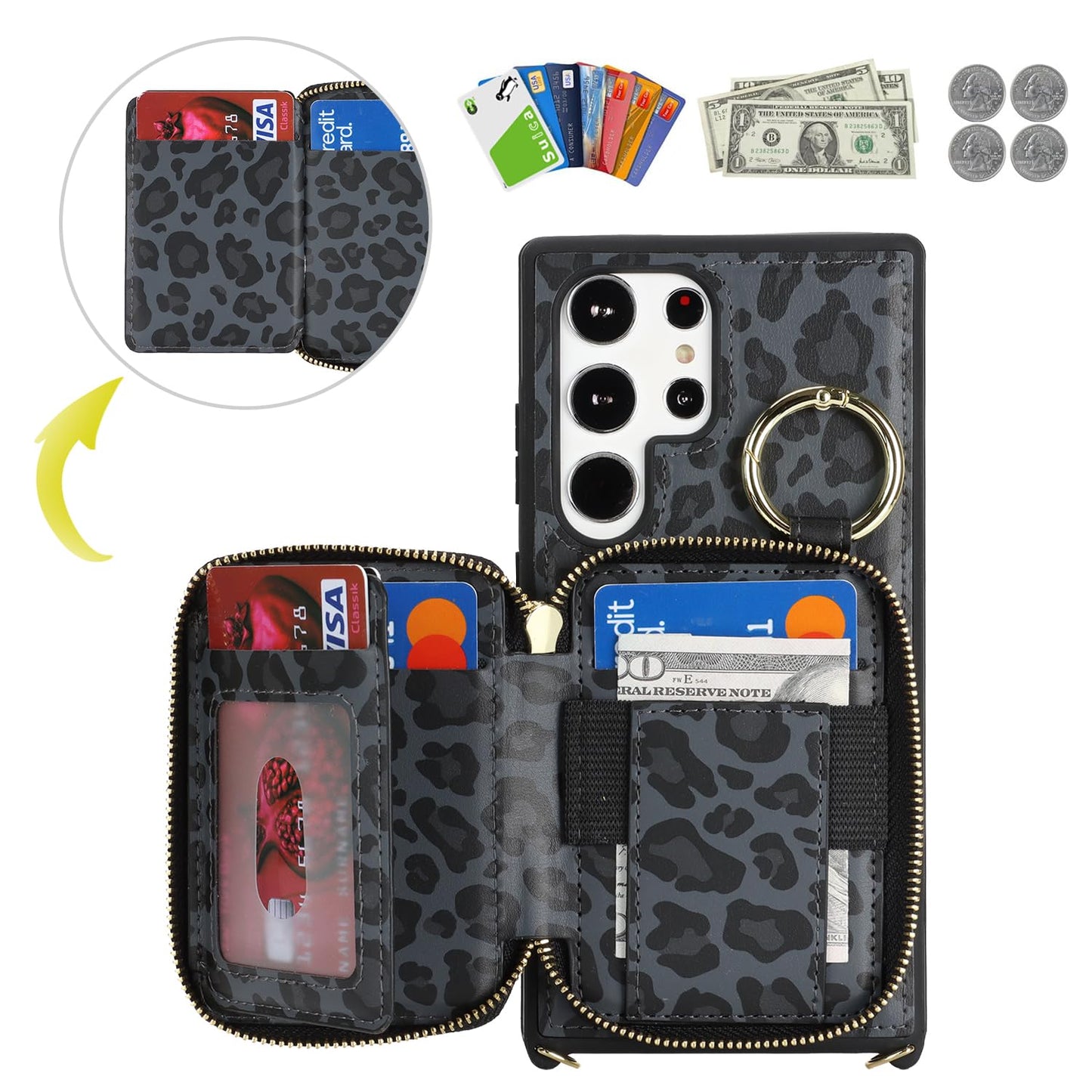 Hamany Crossbody Wallet Case for Galaxy S24 Ultra, PU Leather Zipper Handbag Purse Flip Cover, Kickstand Folio Case with Card Slots Holder Wrist Strap Lanyard -Black Leopard