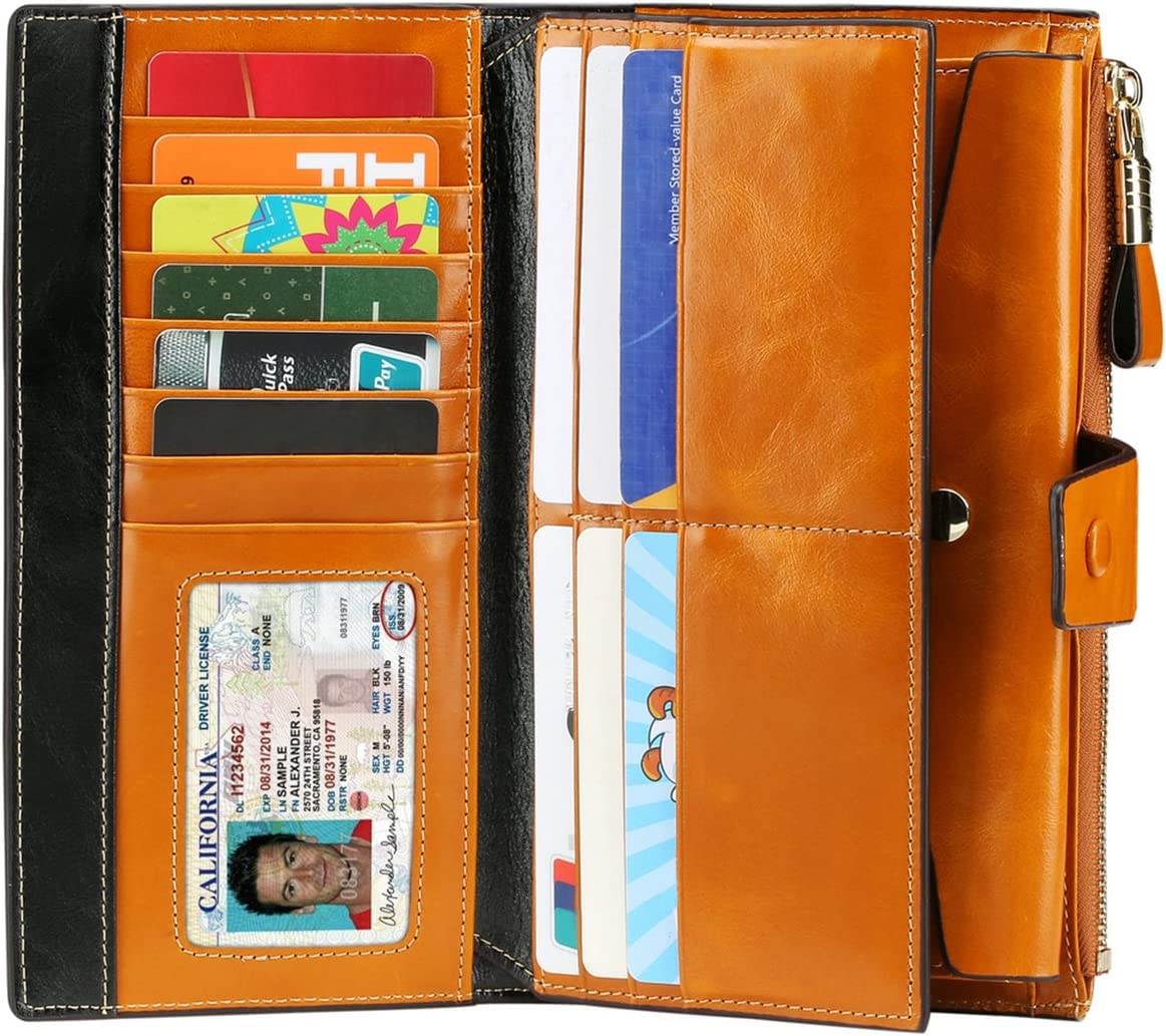 Itslife Womens Wallet Leather RFID Blocking Large Capacity Luxury Wax Genuine Leather Clutch Wallet with Card Holder