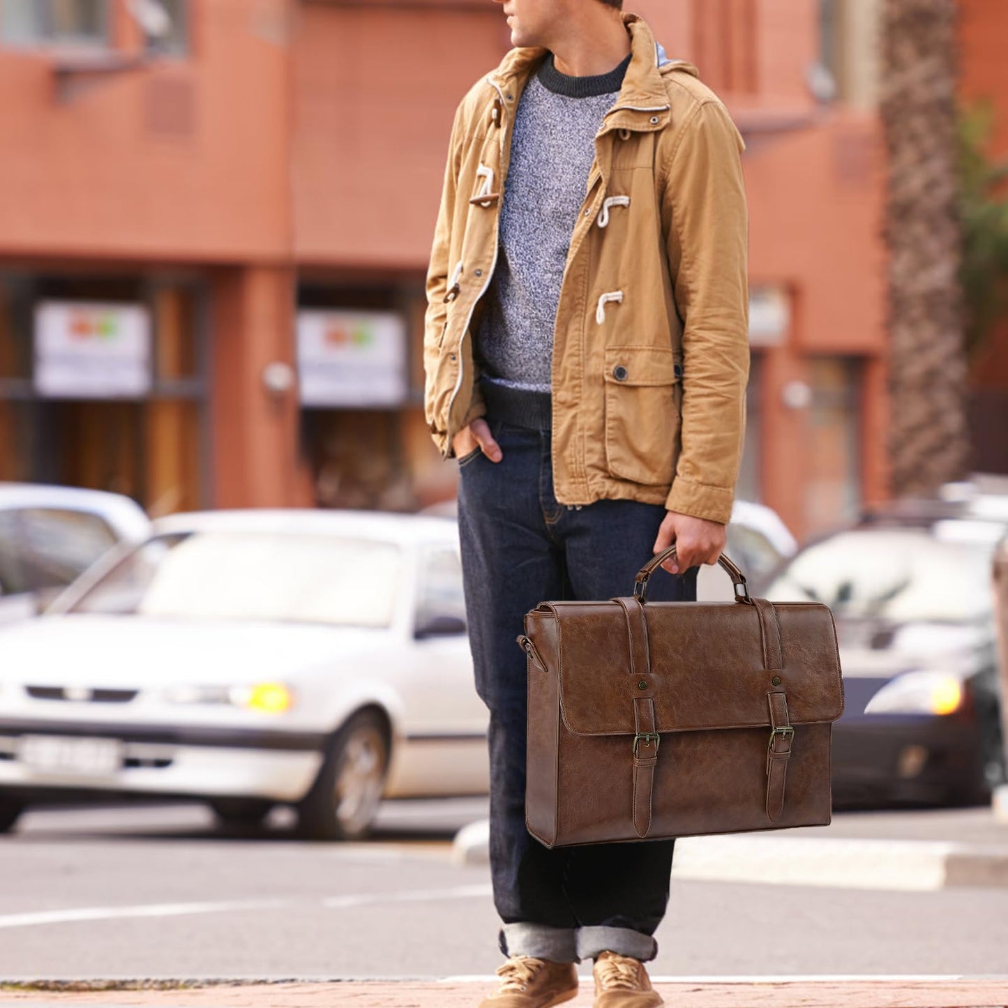 Leather Mens Messenger Bag Vintage 15.6 Inch Waterproof Leather Laptop Briefcase Satchel Shoulder Bag Computer Laptop Bag, Dark brown