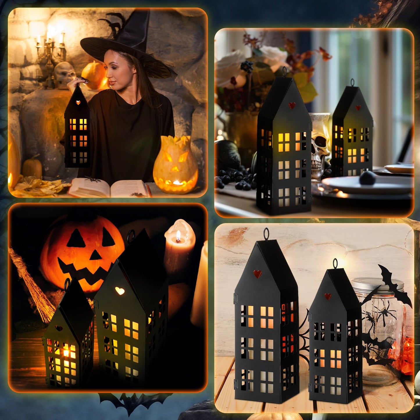 SiliFine 2 Set Christmas Black Houses Decor with 2 Pcs Candles Village Metal Modern Farmhouse Lantern Decorative for Christmas, Home, Tabletop, Fireplace Shelf Decor