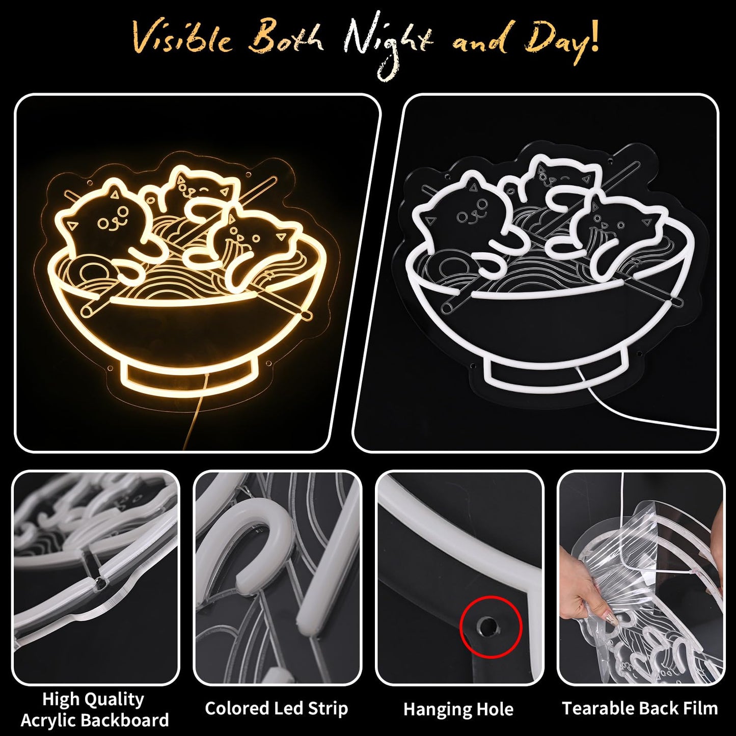 Ramen Neon Sign, Warm White Cat Noodles Led Sign for Baby Girls Room, Dimmable Noodle Cat Light Up Neon Signs for Wall Decor, Restaurant, Home, Bar, Kitchen, Dining, Bedroom, Art Decor
