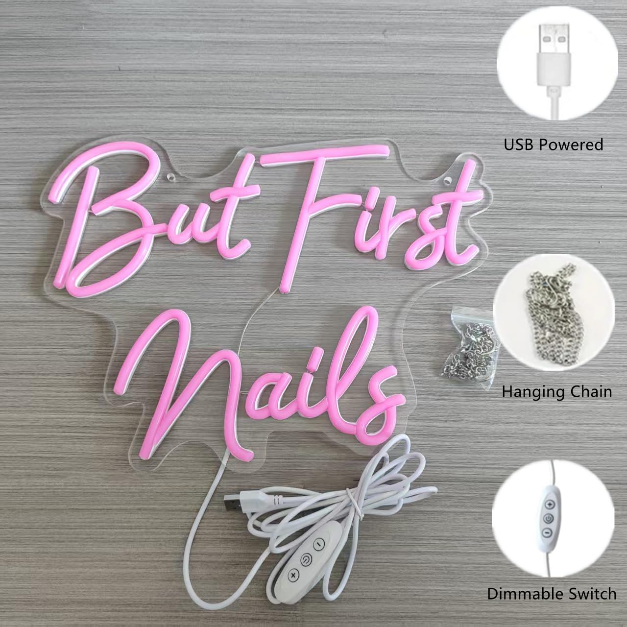 But First Nails Neon Sign for Wall Decor, LED Beauty Room Salon Pink Nail Tech Decor Neon Signs Aesthetic Light Door Decorations, Girls Neon Signs Accessories Gift,5V USB Powered,Dimmable Switch