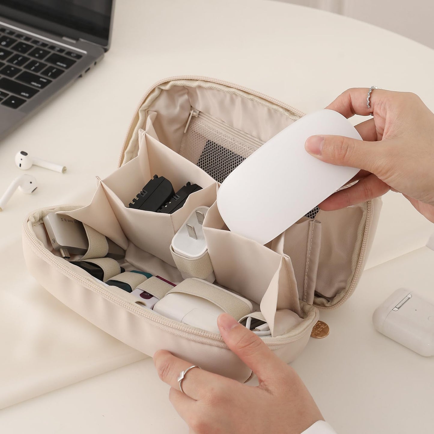 RIGHT AWAY Tech Pouch Electronics Organizer Travel Case, Cord Organizer Bag Cable Accessories Carry Storage for Essentials,Charger, Phone, Earphone,Flash Drive,Beige