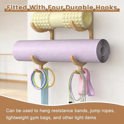 BSTSLL Wooden Yoga Mat Holder Wall Mount, Yoga Mat Storage Rack, Home Gym Equipment Organizer, Wall Mount Workout Storage Holder for Hanging Foam Rollers and Resistance Bands (2-Tier)