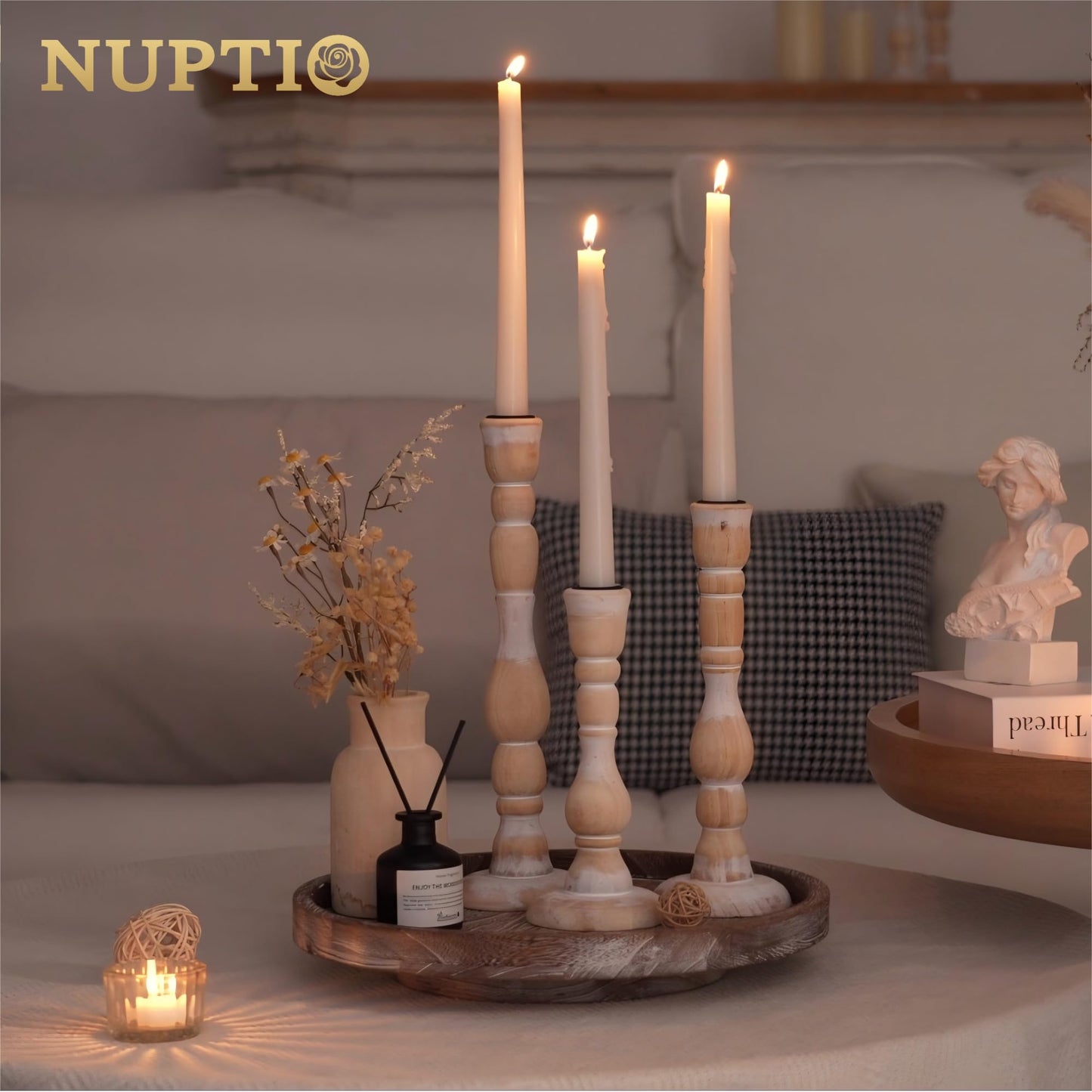 NUPTIO Candlestick Holders Wood for Home: Set of 3 Tall Farmhouse Taper Candle Holders for Christmas Gift Mantel Decor