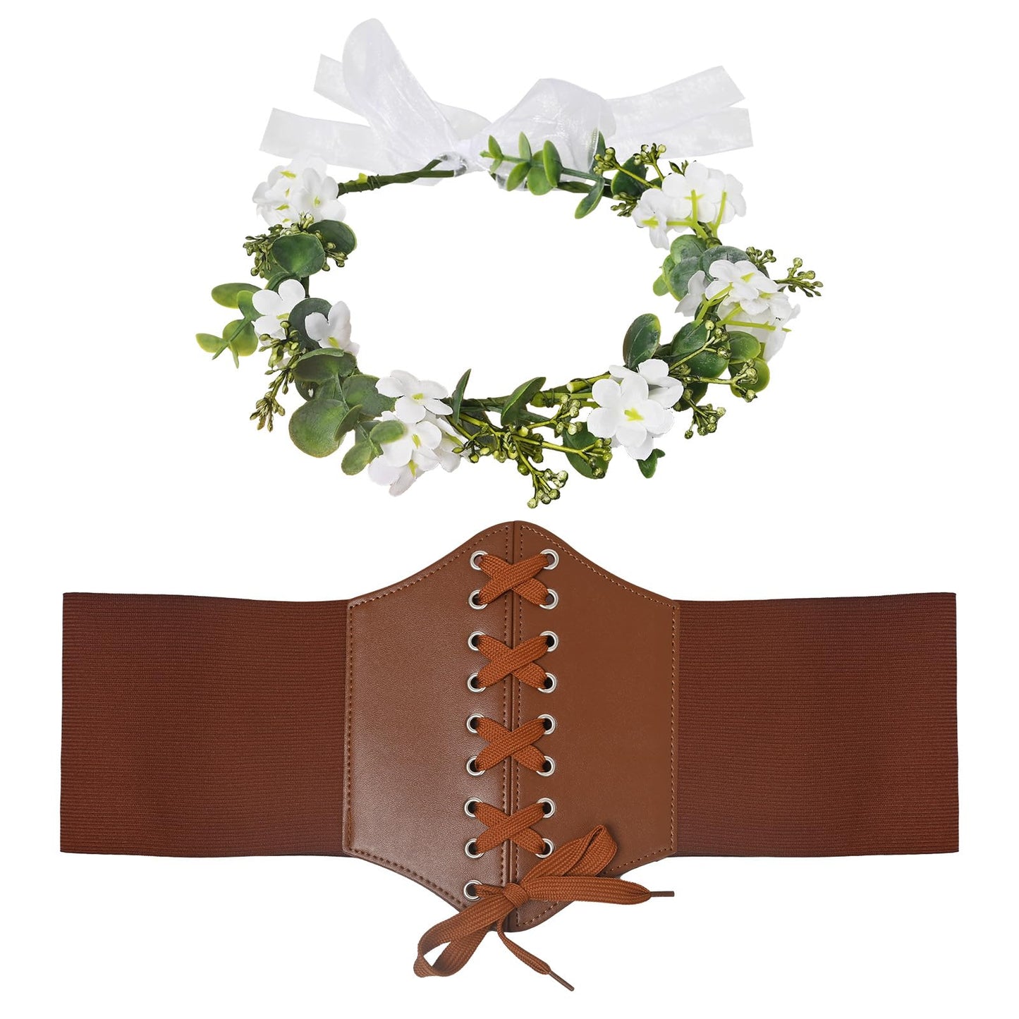 XZCYAMPF Lace-up Pirate Corset Belt for Women, Leather Waist Cincher with Floral Headpiece, Renaissance Halloween Costume Accessories (Brown, 40ft)