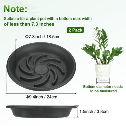 M METERXITY 2-Pack Plant Saucers, 7.3 Inch ID Anti-Rot Root Resin Flower Pot Plant Saucers for Indoor/Outdoor, Flowerpot Drip Tray [9.4 Inch OD, Gray Black]
