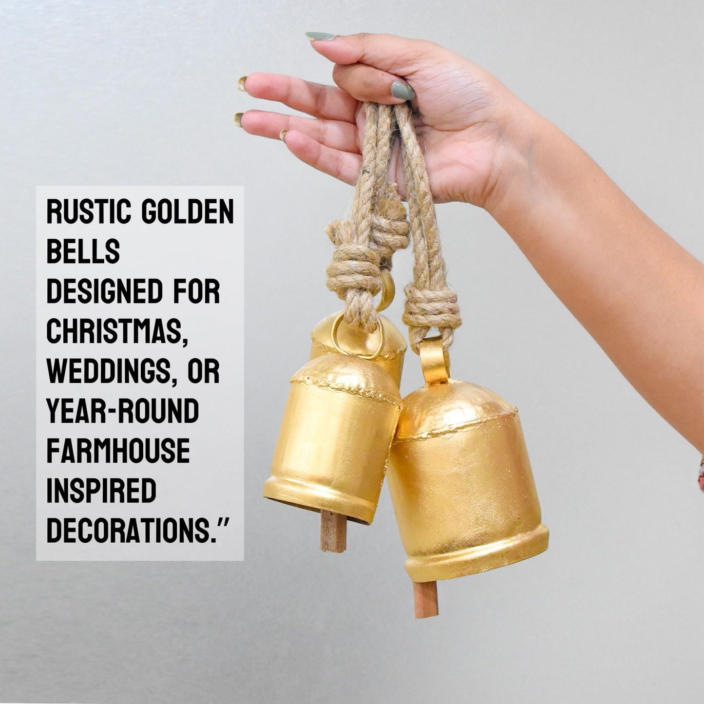 Christmas Hanging Large Cow Bells - Rustic Golden Metal Bells for Farmhouse, Garden & Holiday Décor (Medium (5”4”3” Inch))