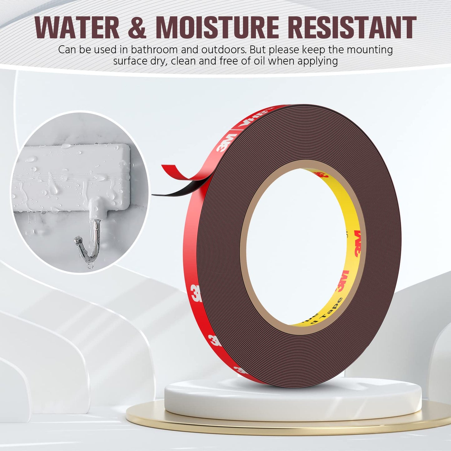 Double Sided Tape, Heavy Duty Mounting Tape Waterproof Foam Tape, 32FT Length, 0.39IN Width for LED Strip Lights, Home/ Office Decor, Made of 3M VHB Tape