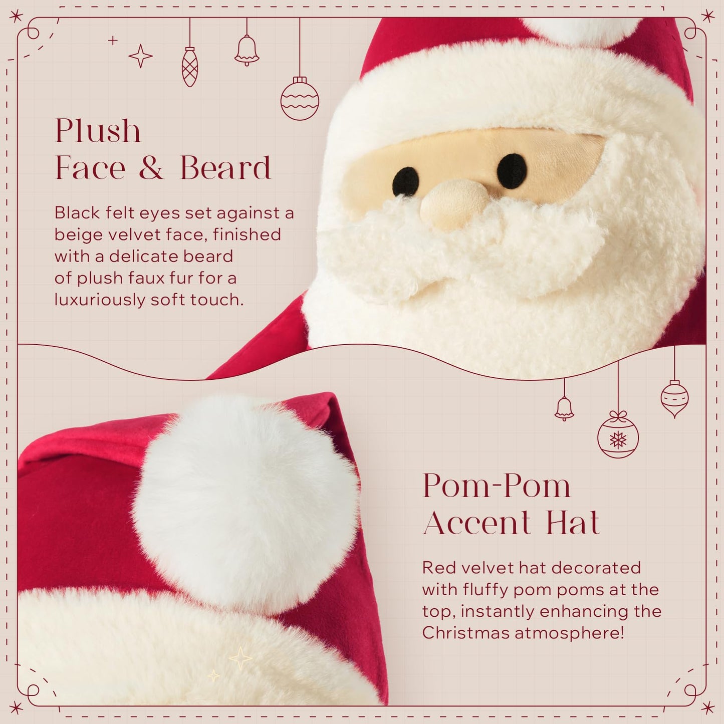 Phantoscope Merry Christmas Throw Pillow, 3D Velvet Santa Claus Shaped Pillow with Faux Fur Beard Plush Xmas Decorative Pillow for Couch, Red, 18×13 inch