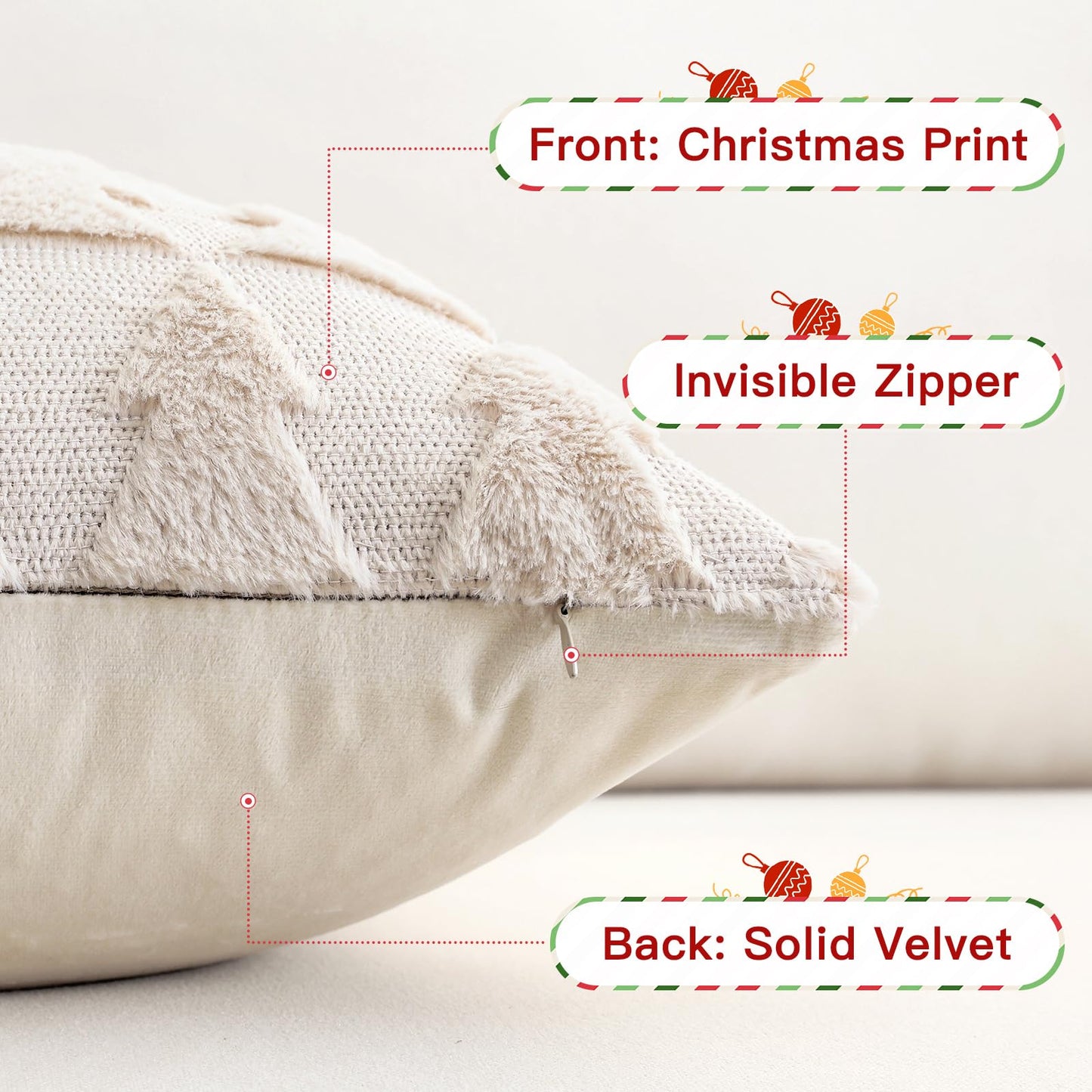 OTOSTAR Set of 1 Xmas Soft Plush Short Wool Velvet Decorative Throw Pillow Covers Square Luxury Style Cushion Case Pillow Shell for Sofa Bedroom Christmas Tree Cream Beige, 22x22 Inch