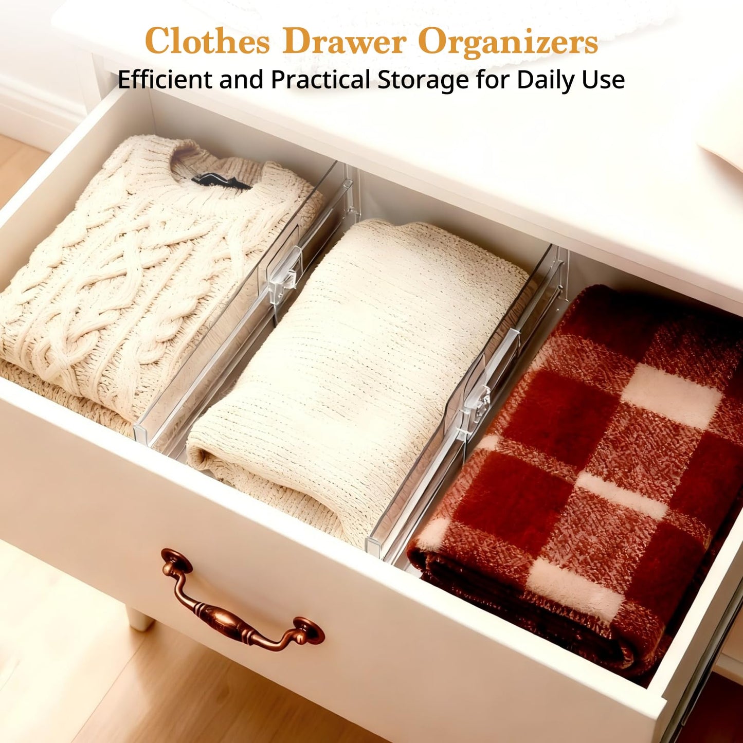 4 Pack Drawer Dividers for Clothes, 4" High 10.6"-16.9" Drawer Divider Adjustable Expandable Dresser Drawer Organizer, Clear Dresser Separators for Clothes, Underwear, Baby Clothes,Cosmetic,Toiletries