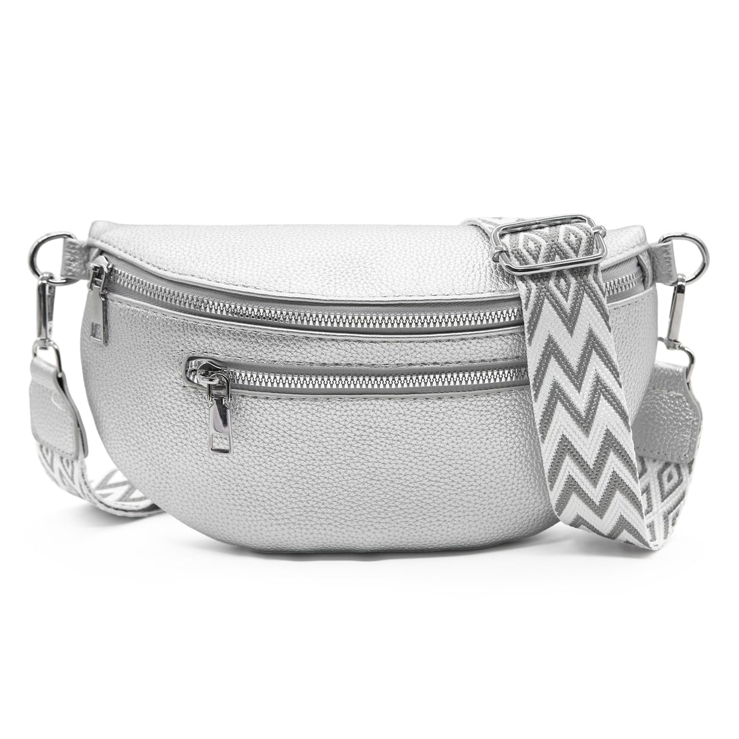 Long Keeper Crossbody Bags for Women Vegan Leather Trendy Sling Chest Bag with Adjustable Wide Strap Small Travel Fanny Pack (Silver)