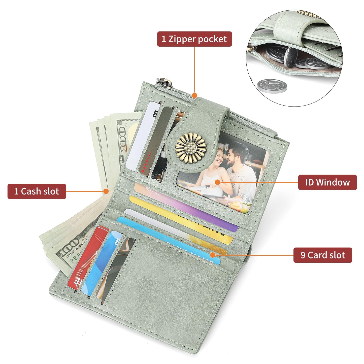 SENDEFN Small Wallets for Women Bifold RFID Blocking Leather Card Holder Compact Wallet with Zipper Coin Pocket