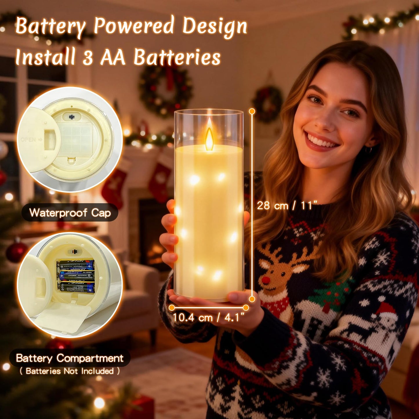 11" x 4" Large Outdoor Waterproof LED Candles, 2Pcs Pillar Candles with Remote & Timer, Flameless Candle Battery Operated with Embedded Star String for Porch, Patio, Outdoor Decor and Christmas