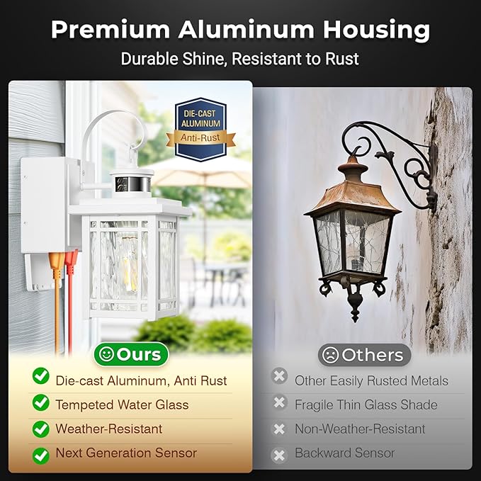 Outdoor Porch Light with GFCI Outlet, White Exterior Lighting Fixtures Wall Mount, Motion Sensor Outdoor Wall Sconce, Anti-Rust Coach Lights for Garage, Modern Patio Lantern Lights for House