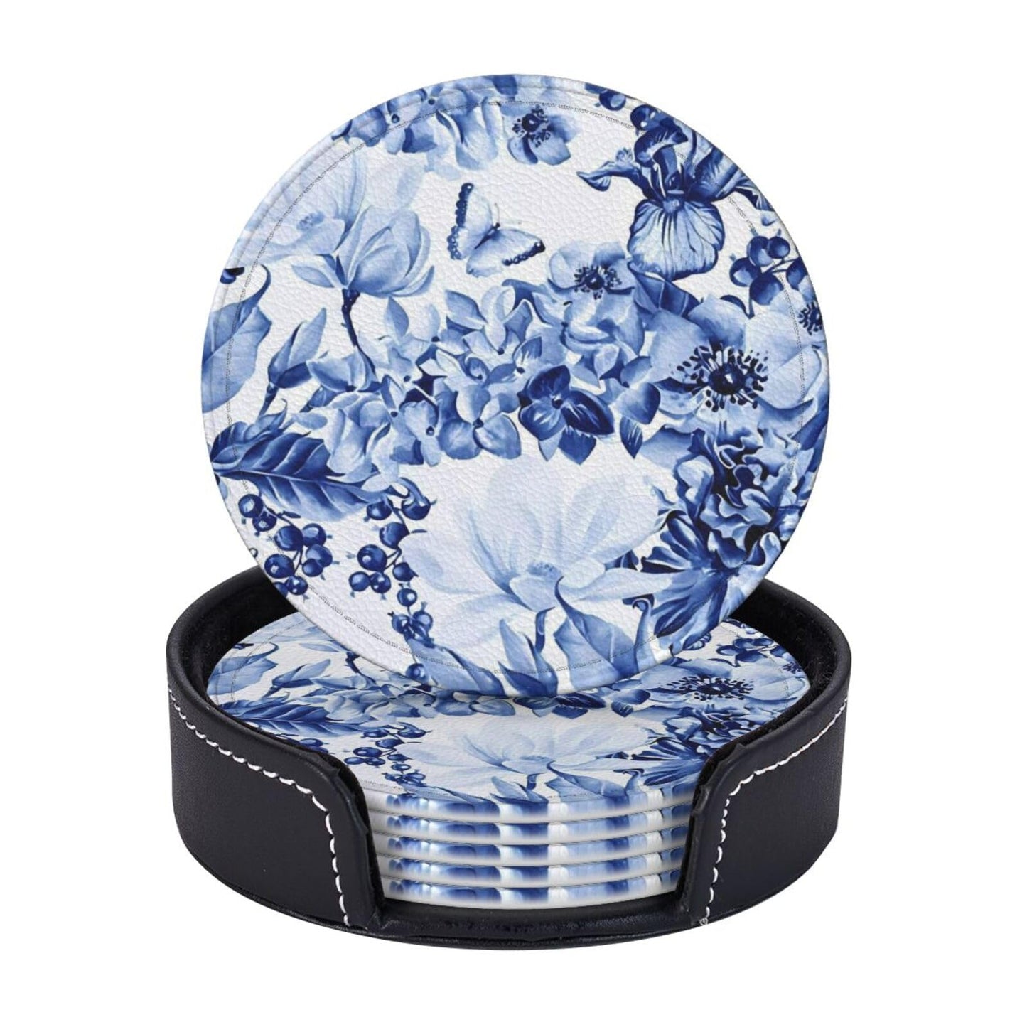 6 Pcs Blue and White Floral Leather Coasters for Drinks with Holder Coaster Sets Drink Table Cup Coasters for Living Room Kitchen Coffee Decor
