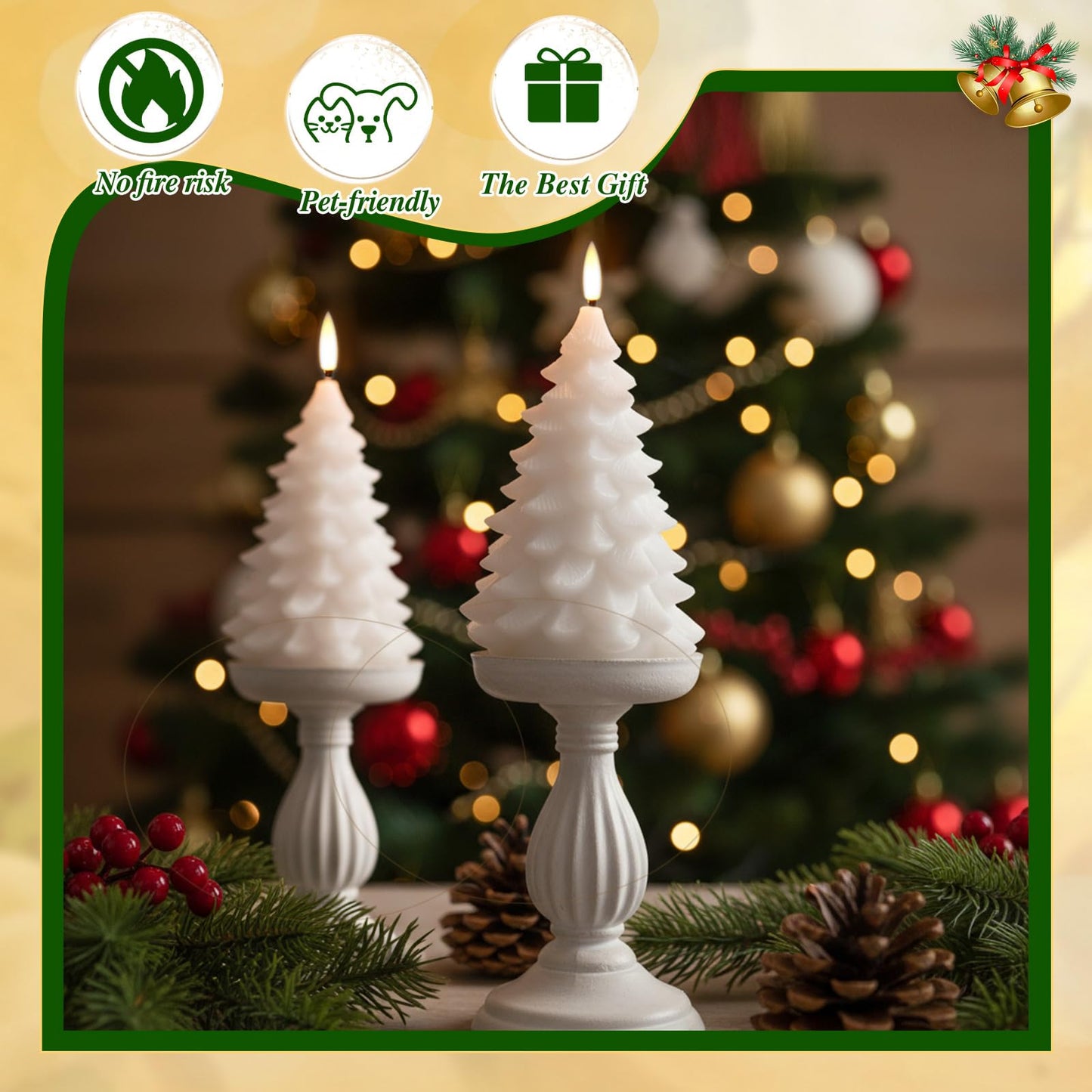 Aurelema 2 Pack 8" Large Christmas Tree Flameless Candle with Remote Timer, Large Real Wax Battery Operated Pillar Candle, 3D Wick LED Flickering Candles for Xmas Party Home Dinner Decor(White)