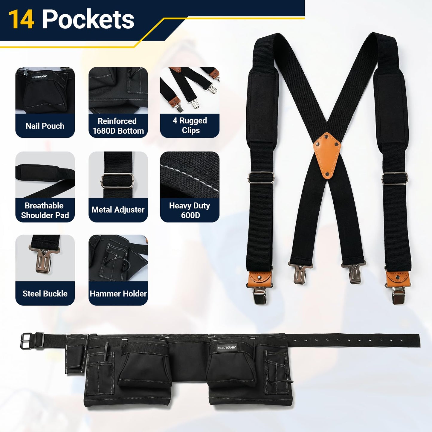 MELOTOUGH 14-Pockets Professional Tool Belt with Suspenders,Heavy Duty Tool Bag and Pouch Combo for Carpenters,Construction,Electricians(Black, 33''-49'')