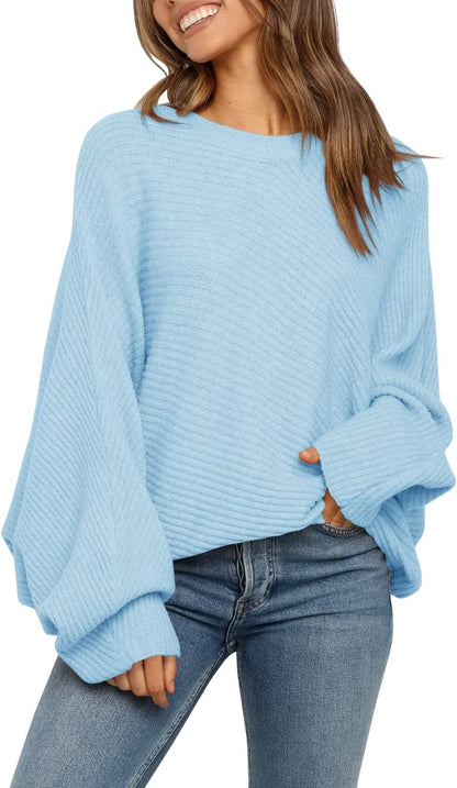 Mafulus Women's Oversized Crewneck Sweater Batwing Puff Long Sleeve Cable Slouchy Pullover Jumper Tops