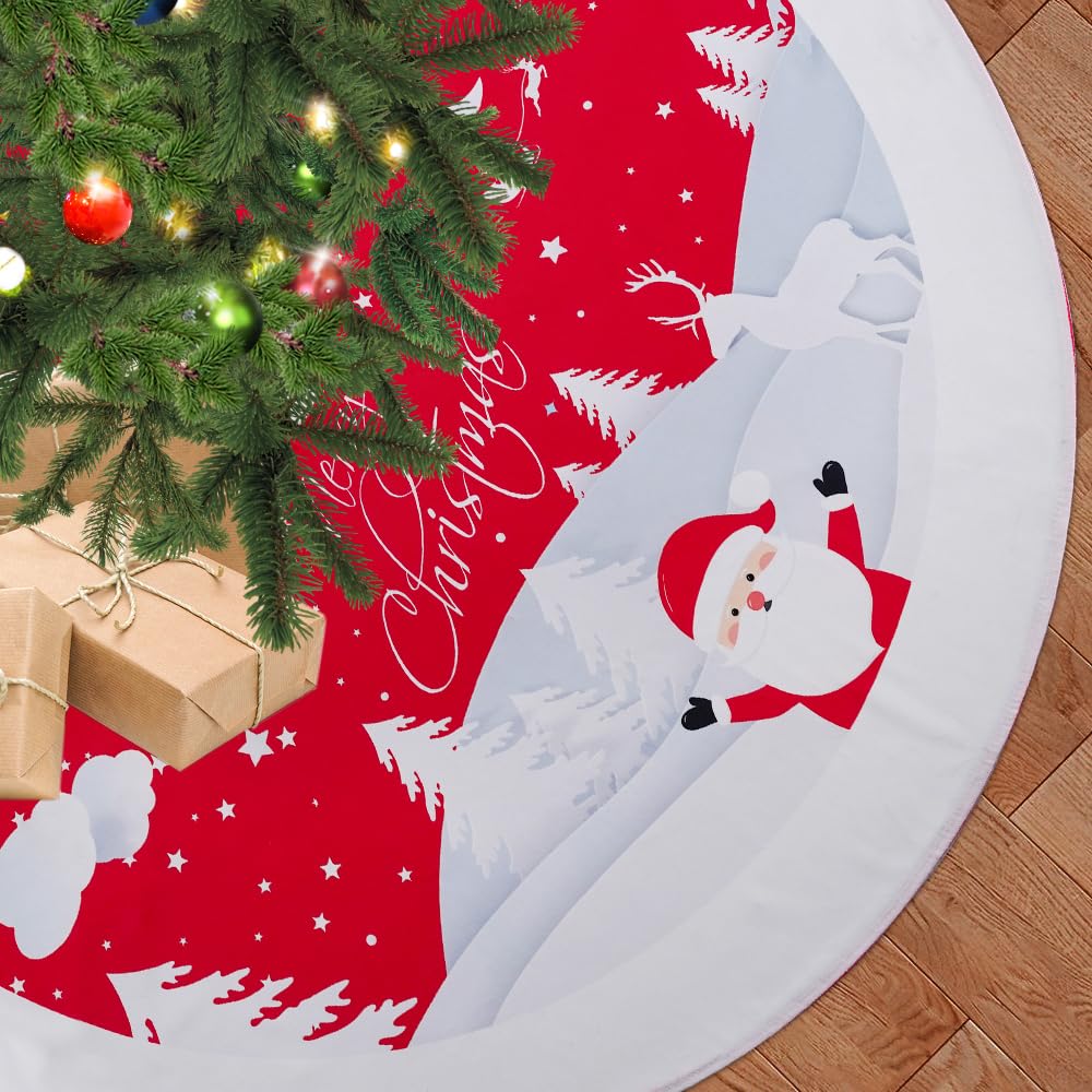 Multiwins Christmas Tree Skirt 48 inches, Red Tree Skirt Ornaments Soft Plush Christmas Tree Mat with Cute Santa Claus White Reindeer Christmas Tree Skirts for Holiday Party Indoor Outdoor