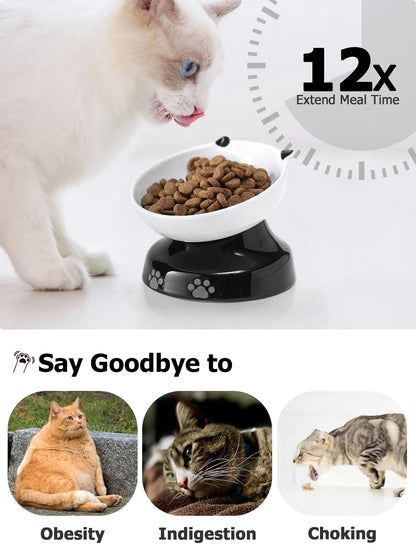 Y YHY Ceramic Cat Slow Feeder, Elevated Dog Food Bowl Tilted Design, Slow Feeder Bowl no Black Chin, Cat Shape for Dry and Wet Food