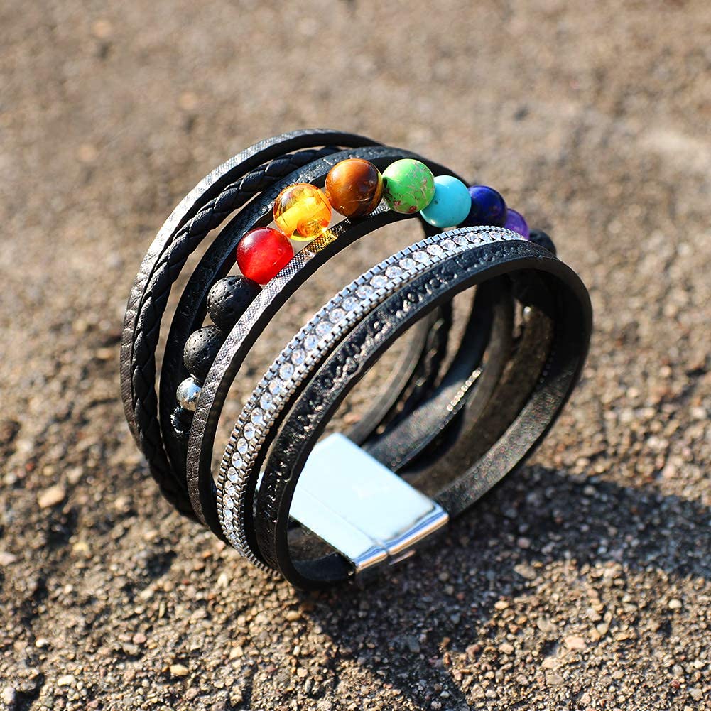 Vercret Leather Wrap Bracelet for Women - Lava Stone Chakra Multi-Layer Bracelets Magnetic Clasp Bangle Cuff Stacked Bracelet for lady and Mother