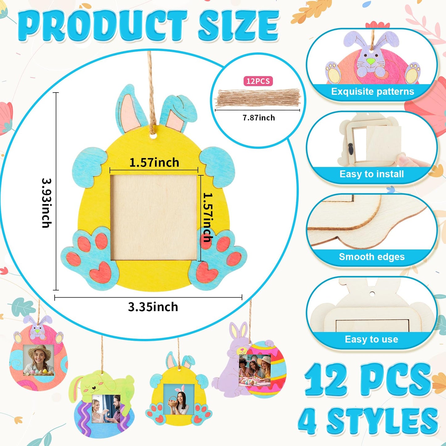 Thyle 12 Pcs Wood Easter Egg Bunny Picture Frame Craft Kits DIY Wooden Bunny Photo Painting Craft Decorative Ornaments for Easter Class Game Activities Gifts
