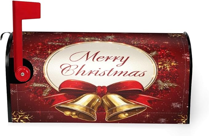Festive Magnetic Mailbox Cover Red Christmas Bell Pattern Outdoor Mailbox Protector Holiday Seasonal Decorative Garden Yard Home Large Size 25.5 x 21 Inch