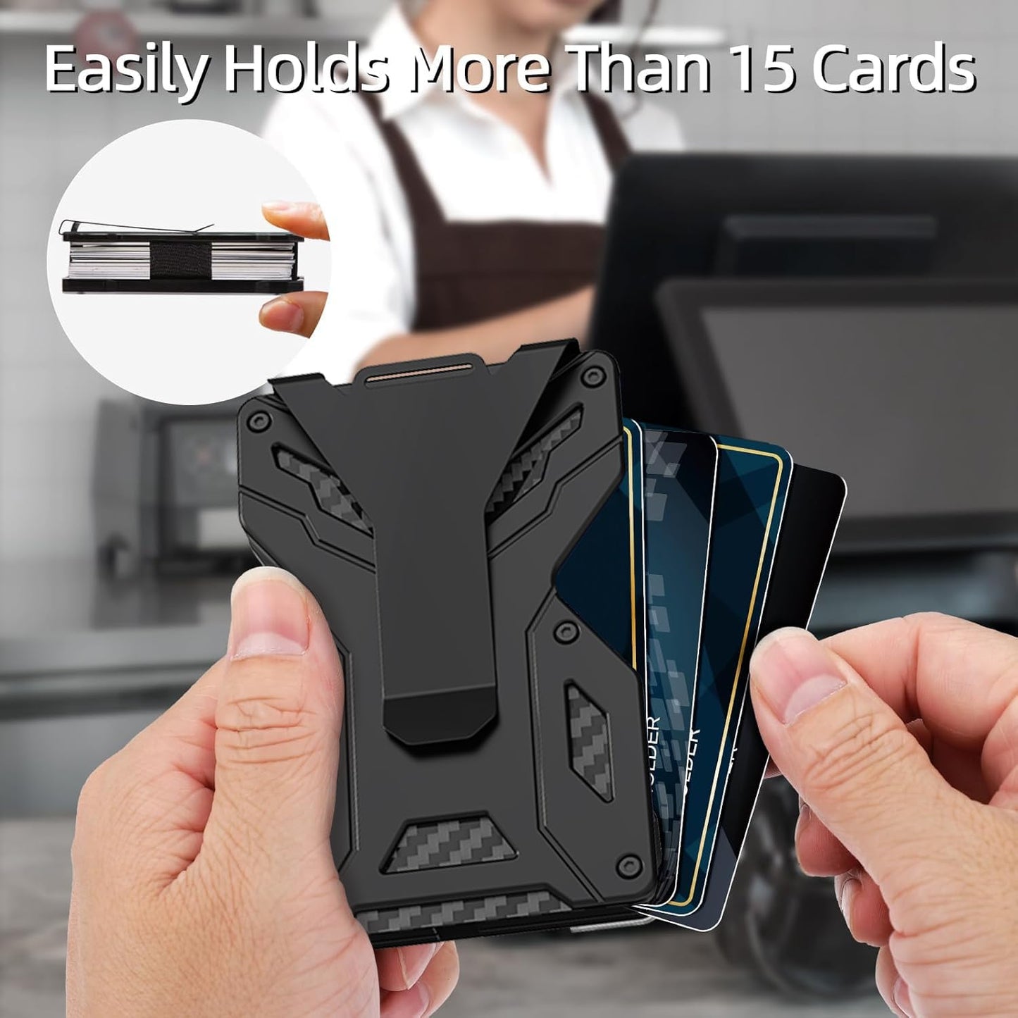 HNHFTT Slim Metal Wallet for Men, Carbon Fiber Tactical RFID Blocking Wallet with Money Clip & Clear ID Window, Minimalist Front Pocket Card Holder Holds 15 Cards & Cash, Black